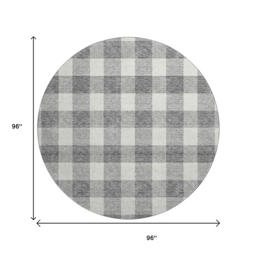 8' Gray And Ivory Plaid Washable Round Rug With UV Protection