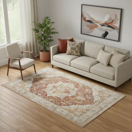 5' X 8' Ivory And Brown Floral Distressed Area Rug