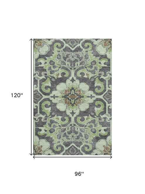 8' X 10' Artichoke Green Charcoal And Gray Floral Medallion Washable Area Rug With UV Protection