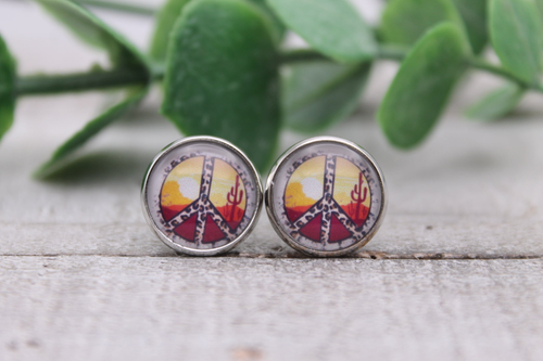 Desert Sunset Peace Sign || Glass Stud Earrings || Hypoallergenic