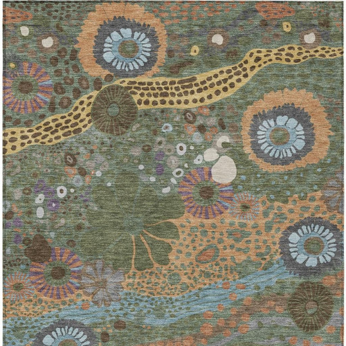 9' X 12' Green And Olive Green Floral Washable Indoor Outdoor Area Rug
