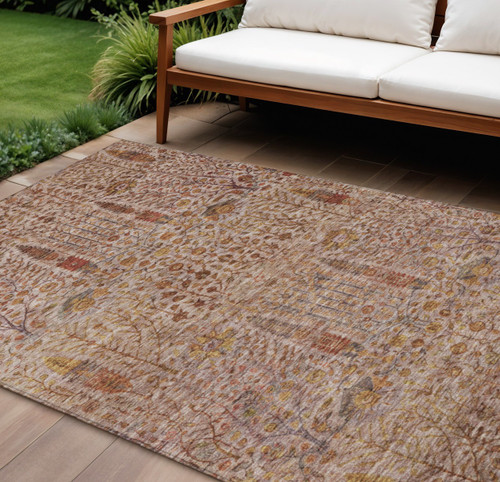 8' X 10' Terra Cotta And Beige Floral Washable Indoor Outdoor Area Rug