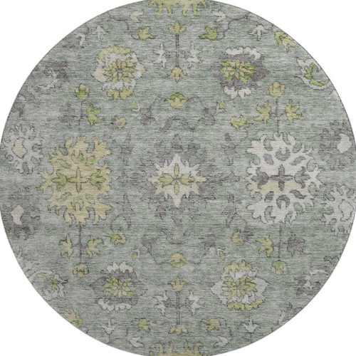 8' Sage And Gray Oriental Washable Round Rug With UV Protection