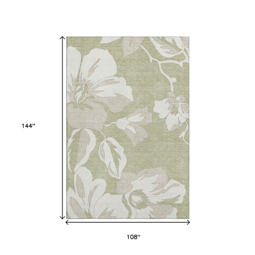 9' X 12' Artichoke Green And Ivory Floral Washable Area Rug With UV Protection