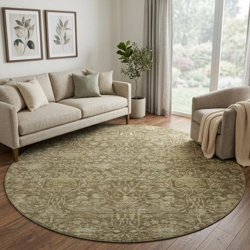 8' Brown And Beige Floral Washable Round Rug With UV Protection