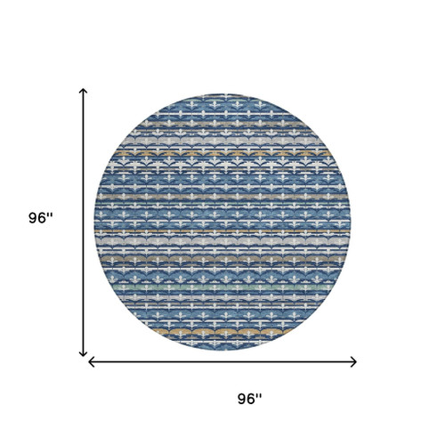 8' Navy Blue And Blue Round Damask Washable Indoor Outdoor Area Rug