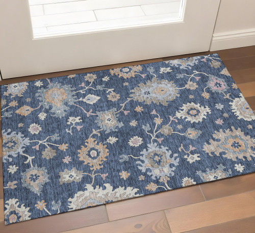 3' X 5' Navy Blue Copper And Gray Floral Washable Area Rug With UV Protection