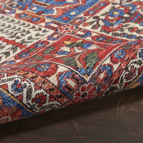 8' Ivory Red And Blue Oriental Distressed Non Skid Runner Rug