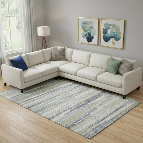 9' X 12' Artichoke Green Ivory And Plum Striped Washable Area Rug With UV Protection