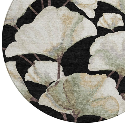 8' Black Ivory And Green Round Botanical Leaves Washable Indoor Outdoor Area Rug