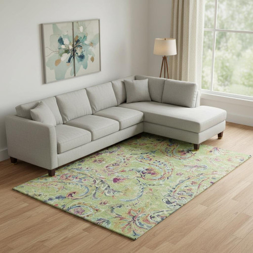 10' X 14' Artichoke Green Blue And Pink Paisley Washable Area Rug With UV Protection