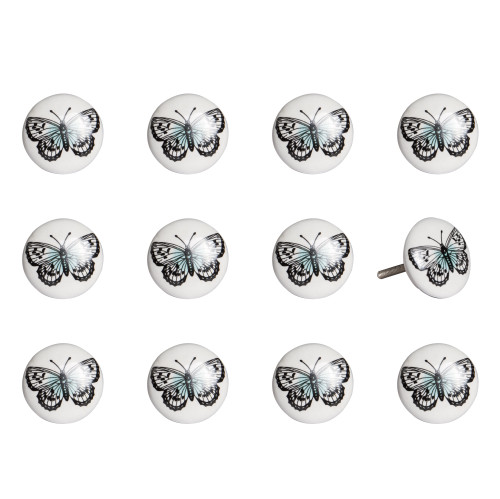 Set of Twelve Black And White Botanical Ceramic Drawer Pull Knobs