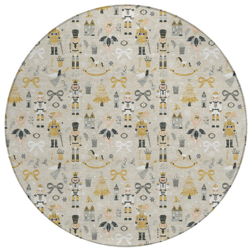 8' Beige Gold Black And Gray Round Nutcracker Washable Indoor Outdoor Area Rug