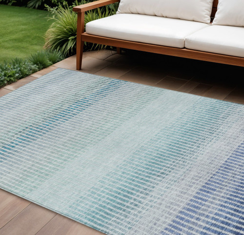 8' X 10' Blue Ivory And Gray Striped Washable Indoor Outdoor Area Rug