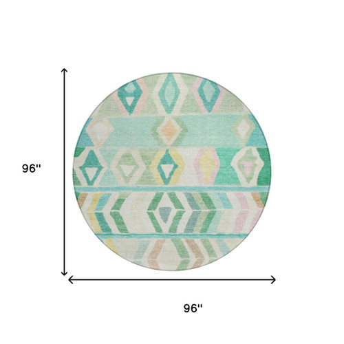 8' Turquoise And Teal Blue Round Tribal Washable Indoor Outdoor Area Rug