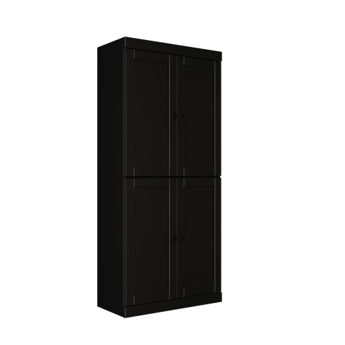 72" Black Solid Wood Adjustable Six Tier Library Bookcase with Four Doors