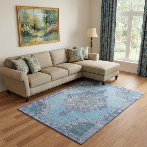9' X 12' Blue And Gray Oriental Washable Area Rug With UV Protection