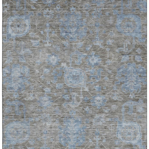 3' X 5' Gray And Blue Floral Washable Area Rug With UV Protection