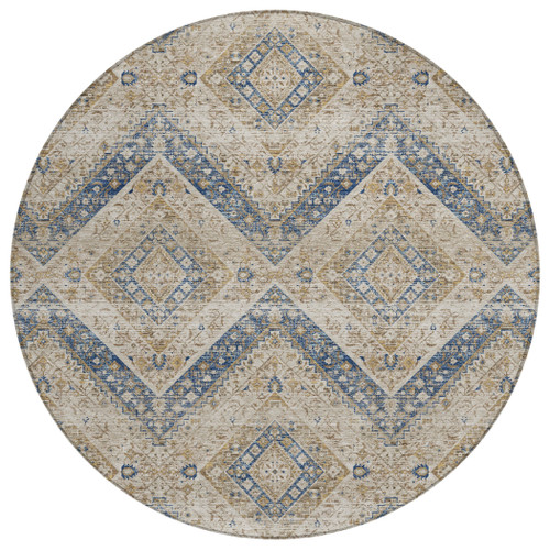 8' Beige And Teal Blue Round Tribal Washable Indoor Outdoor Area Rug