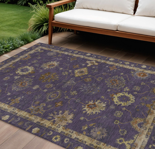 10' X 14' Eggplant And Gold Floral Washable Indoor Outdoor Area Rug