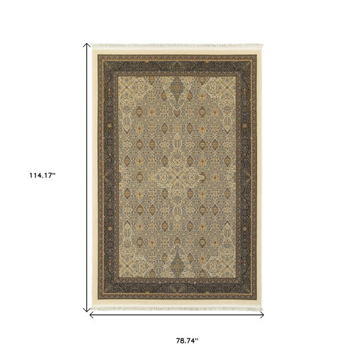 7' X 10' Ivory And Dark Blue Medallion Area Rug With Fringe