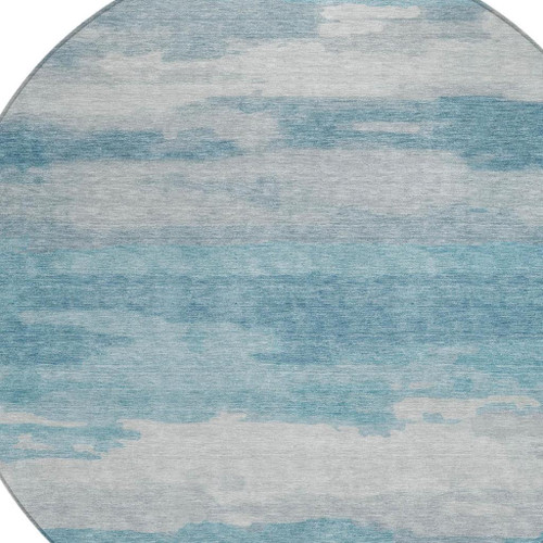 8' Sky Blue And Blue Round Abstract Washable Indoor Outdoor Area Rug