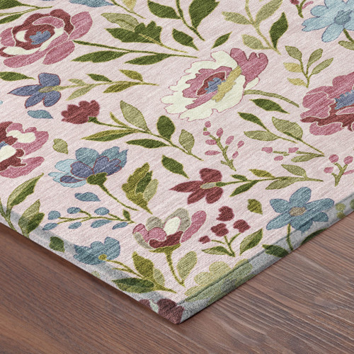 8' Pink And Linen Round Floral Washable Indoor Outdoor Area Rug