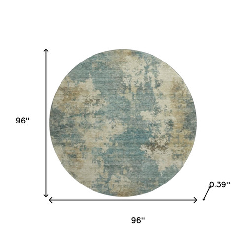 8' Teal And Beige Abstract Washable Round Rug With UV Protection