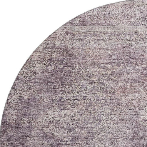8' Plum And Ivory Abstract Washable Round Rug With UV Protection