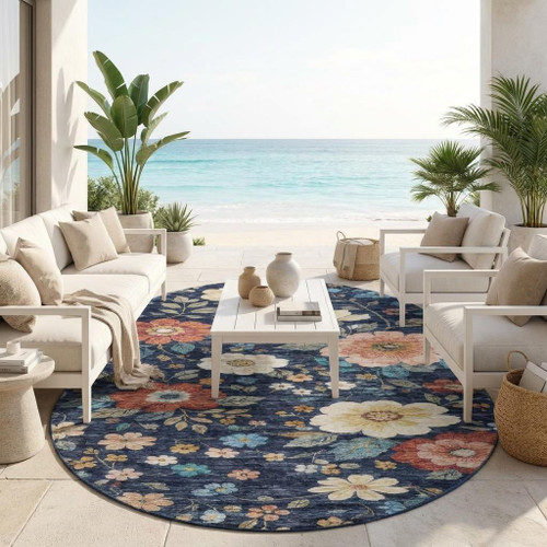 8' Navy Blue And Blue Round Floral Washable Indoor Outdoor Area Rug