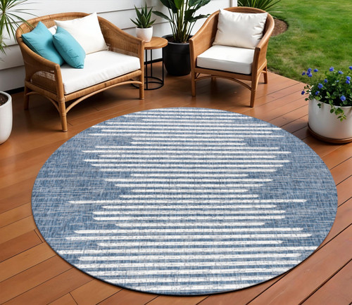 8' Blue And Ivory Round Striped Indoor Outdoor Area Rug