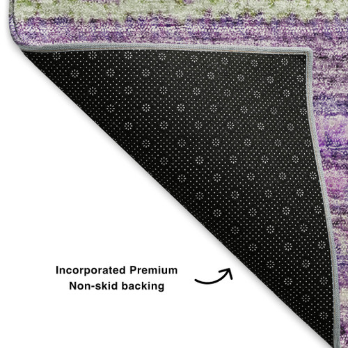 8' Purple And Gray Striped Washable Round Rug With UV Protection