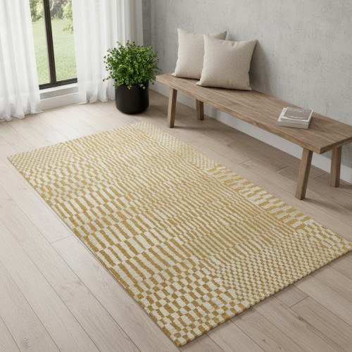 2' X 5' Gold And Beige Geometric Berber Washable Area Rug With UV Protection