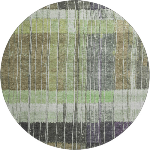 8' Artichoke Green Purple And Charcoal Striped Washable Round Rug With UV Protection