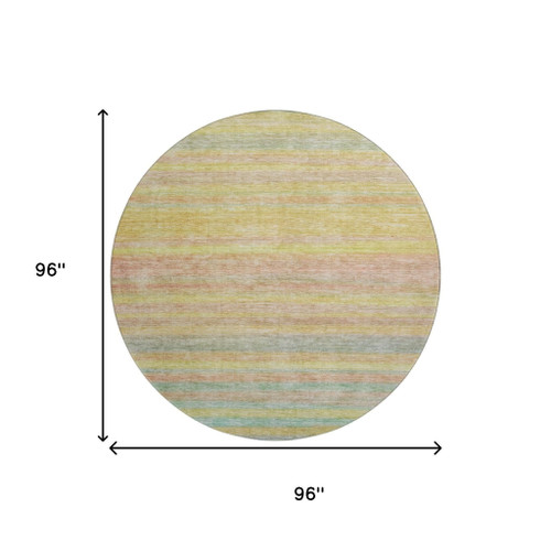 8' Gold Blush And Teal Striped Washable Round Rug With UV Protection