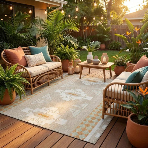 8' Ivory And Green Round Tribal Washable Indoor Outdoor Area Rug
