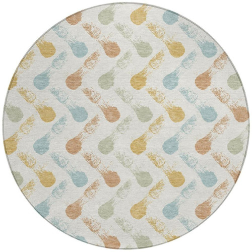 8' Pearl And Ivory Round Geometric Washable Indoor Outdoor Area Rug