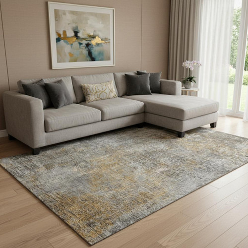 9' X 12' Gray And Copper Abstract Washable Area Rug With UV Protection