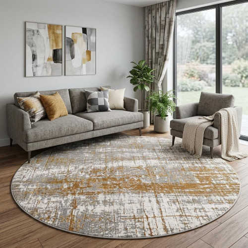 10' Gold And White Abstract Washable Round Rug With UV Protection