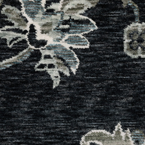 8' X 11' Blue Black And Ivory Floral Area Rug With Fringe