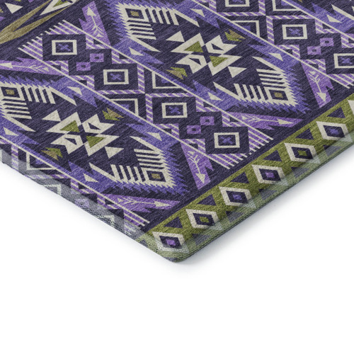 3' X 5' Purple And Fern Green Tribal Washable Area Rug With UV Protection
