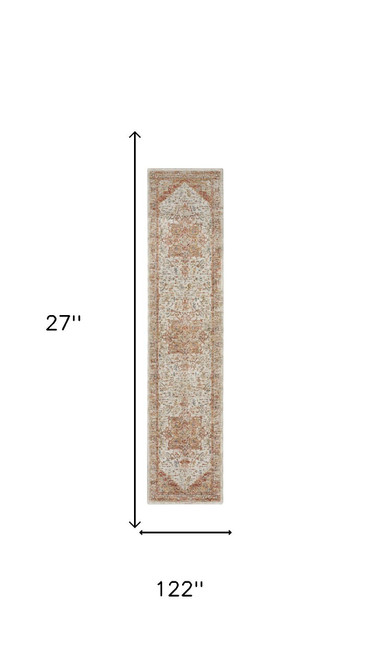 10' Rust And Ivory Floral Distressed Runner Rug