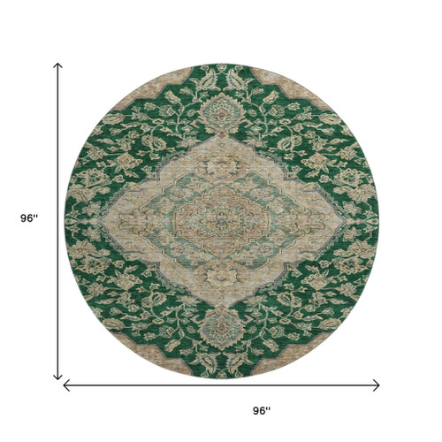 8' Emerald Beige And Taupe Floral Medallion Washable Round Rug With UV Protection