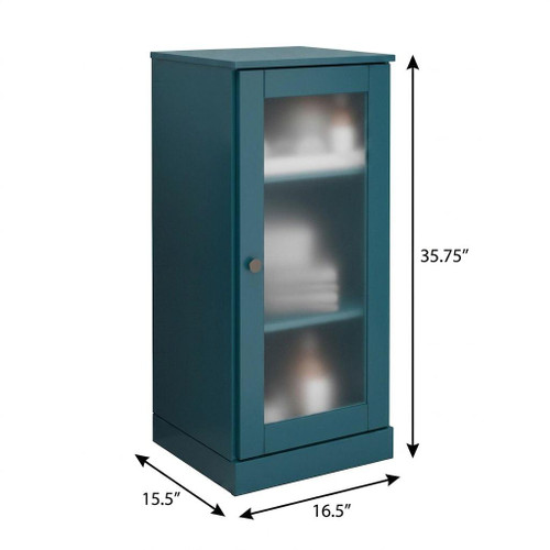17" Teal Blue Solid Wood Glass Panel Inlay Single Door Linen Cabinet