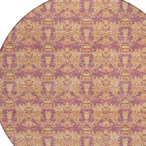 8' Mauve And Taupe Round Floral Washable Indoor Outdoor Area Rug