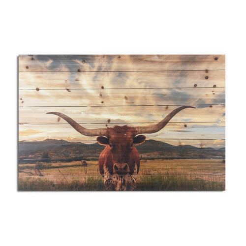 Homeroots Home Decor Longhorn Cow in Field Wood Plank Wall Art, 24 Inches Height