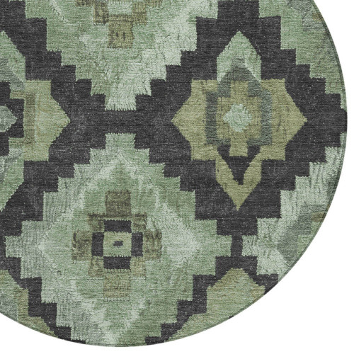 8' Artichoke Green And Charcoal Round Aztec Washable Indoor Outdoor Area Rug