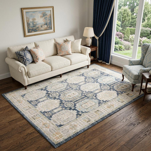 5' X 8' Navy Blue And Ivory Oriental Area Rug