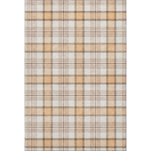 9' X 12' Peach Ivory And Brown Plaid Washable Area Rug With UV Protection