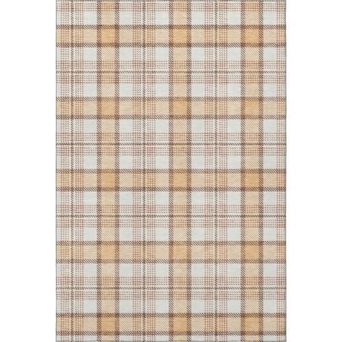 9' X 12' Peach Ivory And Brown Plaid Washable Area Rug With UV Protection